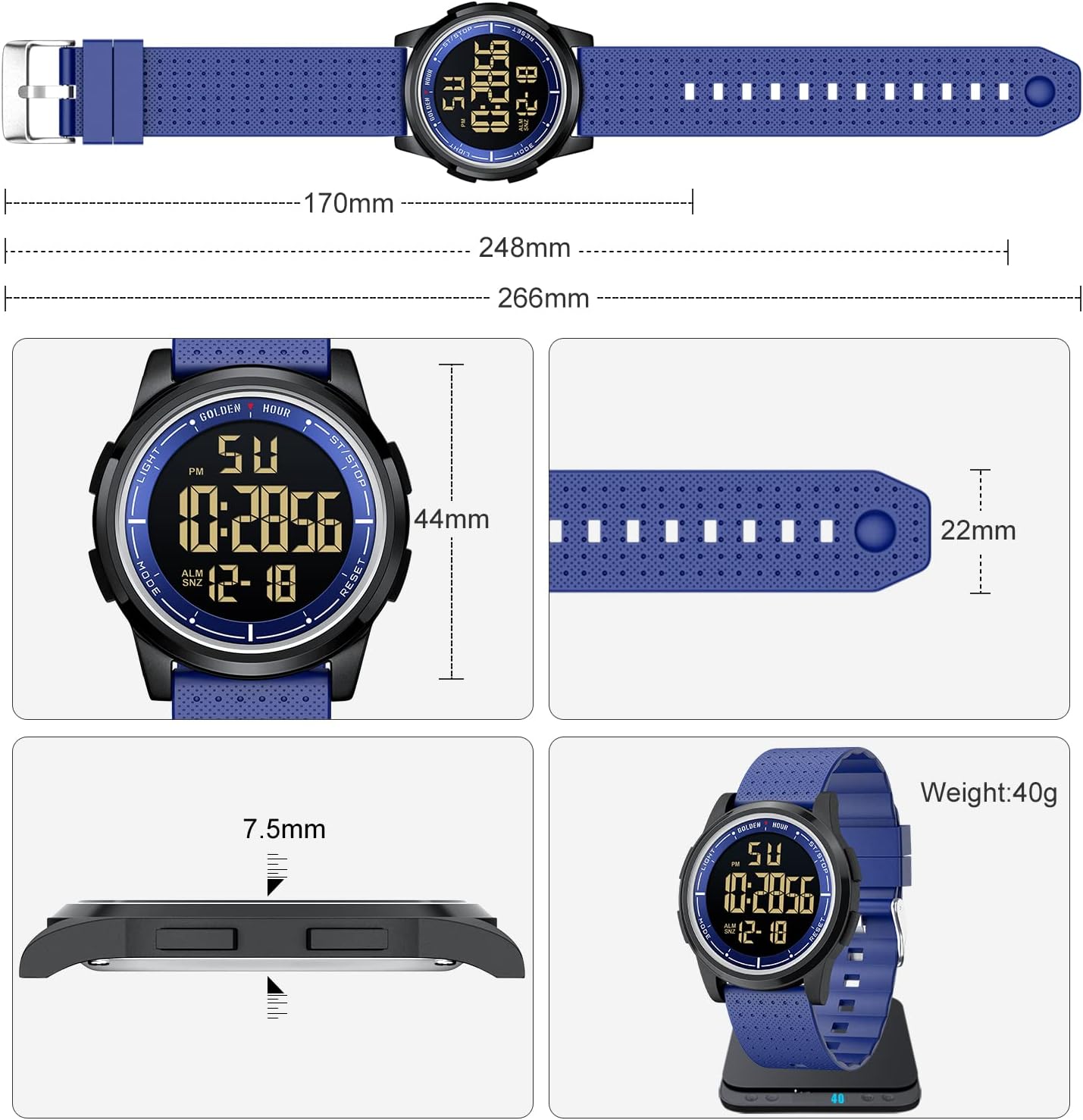 HOTGOLDEN HOUR Ultra-Thin Minimalist Sports Waterproof Digital Watches Men with Wide-Angle Display Rubber Strap Wrist Watch for Men Women