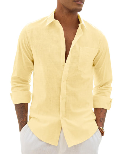 HOTAlimens & Gentle Mens Cotton Linen Textured Shirt Long Sleeve Button Down Shirts Casual Summer Beach Wedding Tops with Pocket