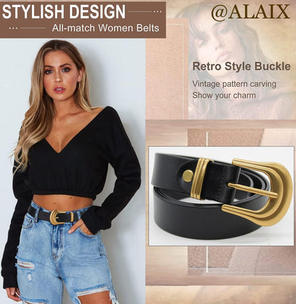 HOTALAIX Women's Belt Western Belts Silver Gold Buckle Black Leather Belt Pants Jeans Belts for Women