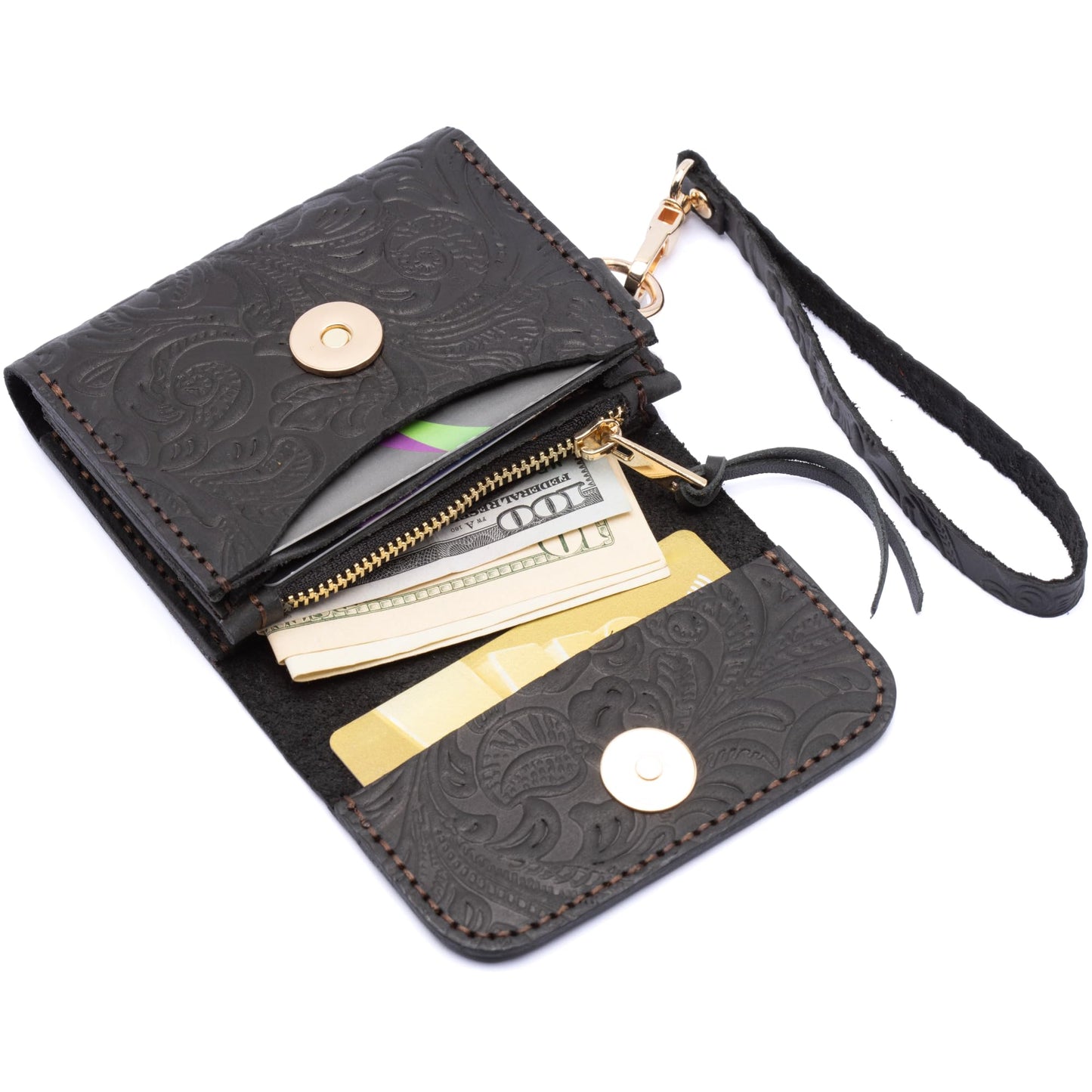 HOTToros Craft Handmade Leather Wallets for Women, Western Wristlet Wallets, Floral Leather Small Credit Card Holder with Zipper, Minimalist & Cute Coin Pouch, Genuine Leather, Camel