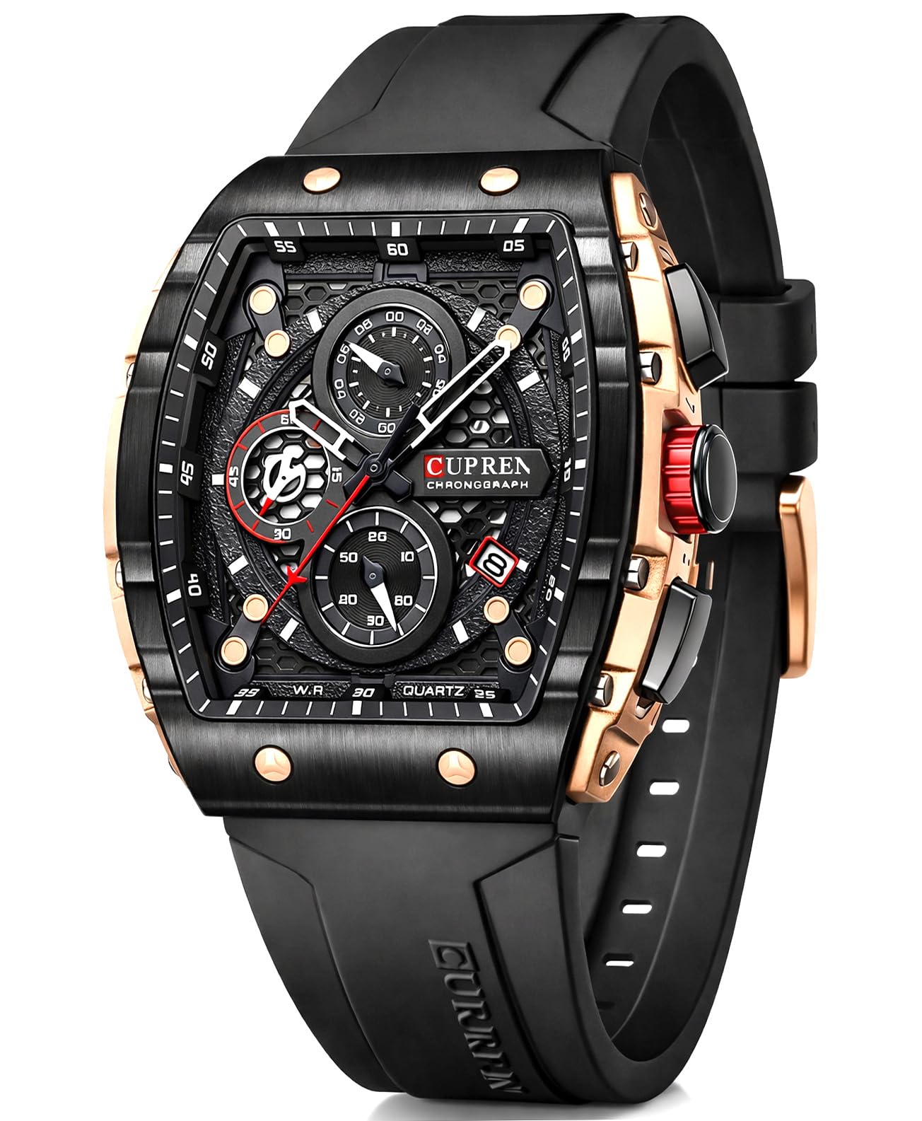 HOTPASOY Men's Chronograph Watch, Big Face, Tonneau Case, Rubber Strap | 47mm analog quartz watch, working chronograph with 1/10-second, second and minute subdials, date, stainless steel case