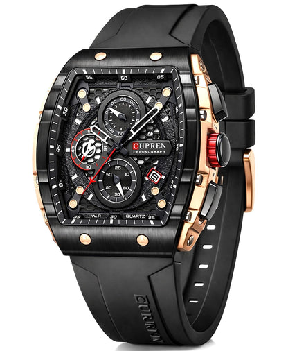 HOTPASOY Men's Chronograph Watch, Big Face, Tonneau Case, Rubber Strap | 47mm analog quartz watch, working chronograph with 1/10-second, second and minute subdials, date, stainless steel case