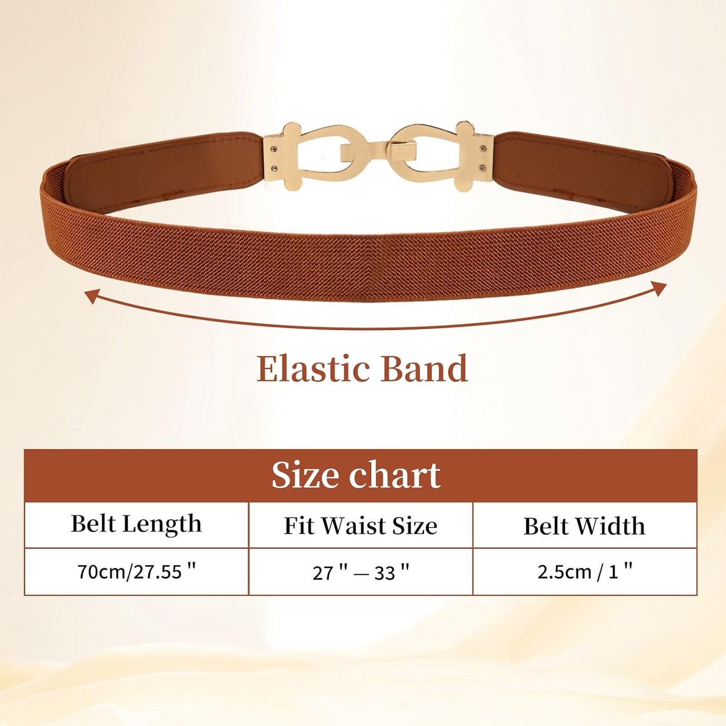 HOTWomen Stretchy Waist Belt, 70cm L Fit 27"-33" Waist 2.5cm W, Retro Elastic Gold Buckle for Ladies Dresses, 2 Pack