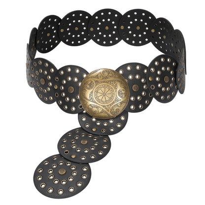 HOTJASGOOD Western Belts for Women Wide Hollow Disc Leather Belt Cowgirl Waist Belt for Jeans Dresses with Metal Buckle