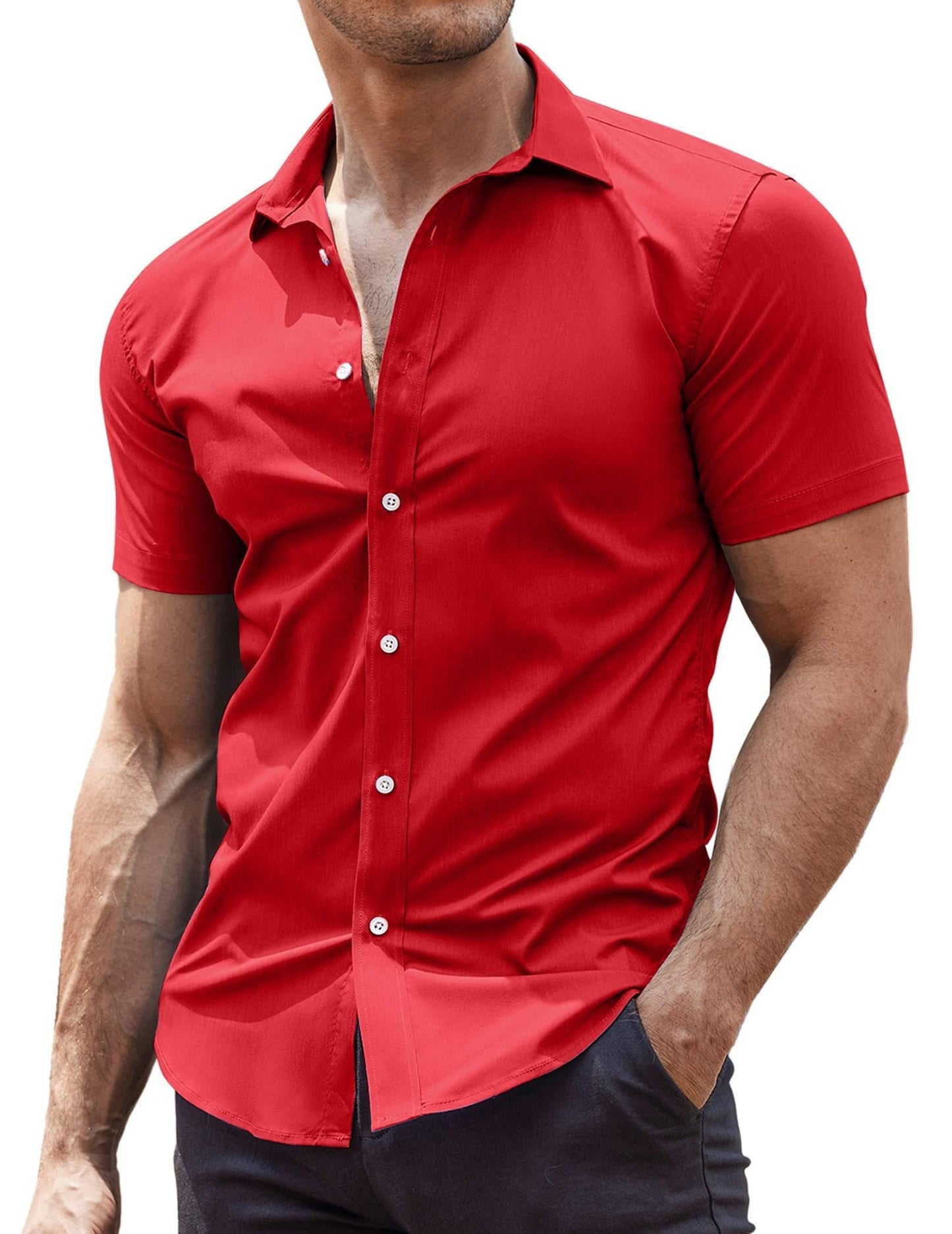 HOTCOOFANDY Men's Muscle Fit Dress Shirts Wrinkle-Free Short Sleeve Casual Button Down Shirt