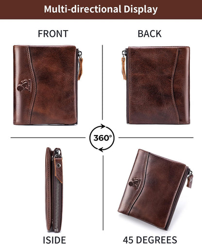 HOTWallet for Women, RFID Blocking Leather Zip Wallet, 10 Card Slots | Genuine cowhide,clear ID window,zip coin pocket,snap closure,ideal for daily carry (Coffee)