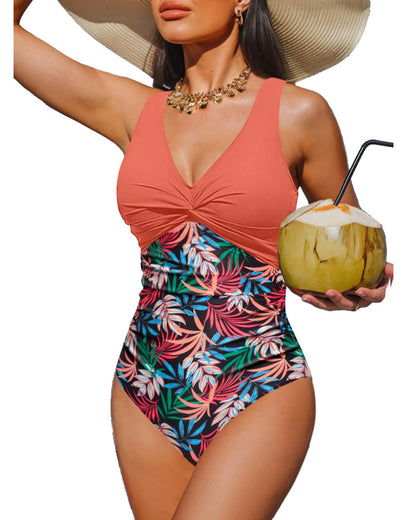 HOTWomen's Tummy Control One Piece Swimsuit Push Up Full Coverage Bathing Suit | V-Neck Twist Front, Low-Back Design, Adjustable Straps, Removable Pads, Full Coverage, Long-Torso Fit, Beach and Pool Days