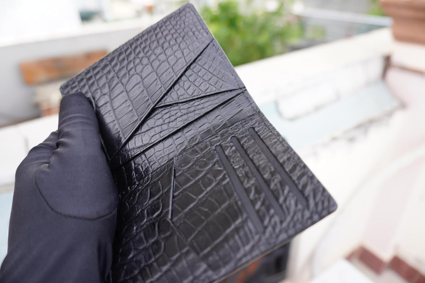 HOTBlack Alligator Leather Business Card Holder Men Minimalist Crocodile Bifold Front Pocket Card Wallet Double Side Travel ID Case Handmade Card Case