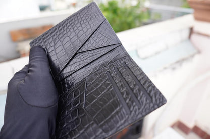 HOTBlack Alligator Leather Business Card Holder Men Minimalist Crocodile Bifold Front Pocket Card Wallet Double Side Travel ID Case Handmade Card Case