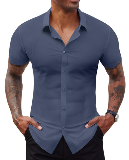 HOTLion Nardo Stretch Dress Shirts for Men Short Sleeve Slim Fit Casual Button Down Shirts Muscle Fit Men's Dress Shirts