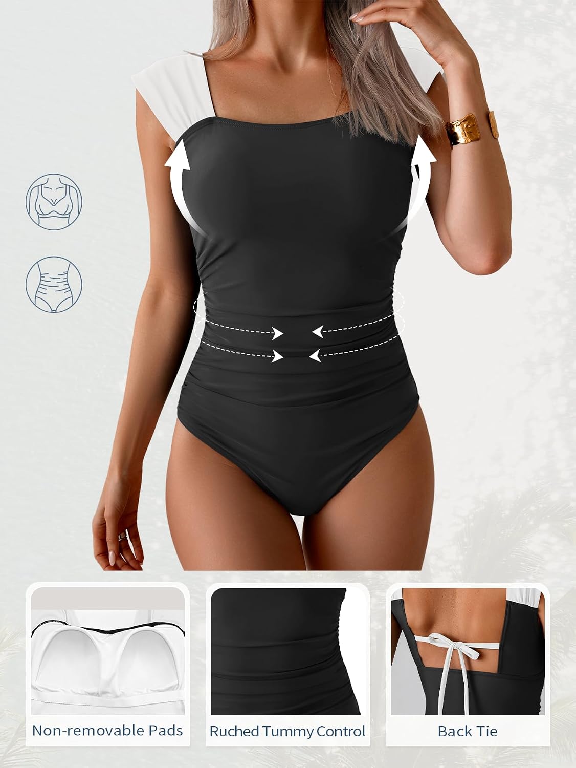 HOTB2prity Womens One Piece Swimsuit Retro Square Neck Tummy Control Bathing Suits Ruched Modest Full Coverage Swimwear