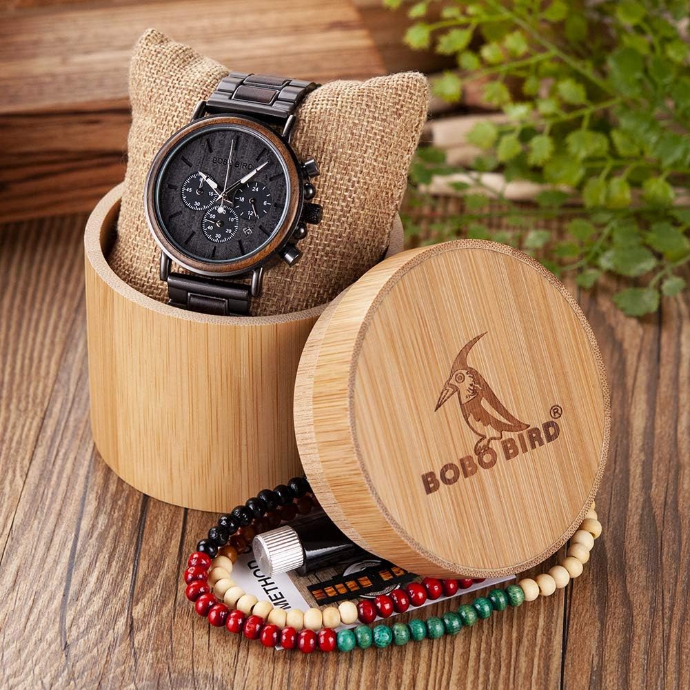 HOTBOBO BIRD Wooden Mens Watches Wood & Stainless Steel Combined Chronograph Military Quartz Casual Wristwatches