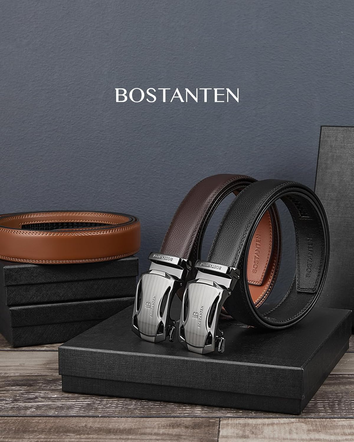 HOTBOSTANTEN Ratchet Leather Belt For Men 2 Pack Dress and Casual with Adjustable Buckle, Trim to Fit