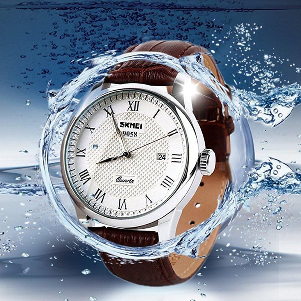 HOTSKMEI Business Men’s Quartz Wristwatches Roman Numeral Leather Band Casual Water Resist Analog Watches