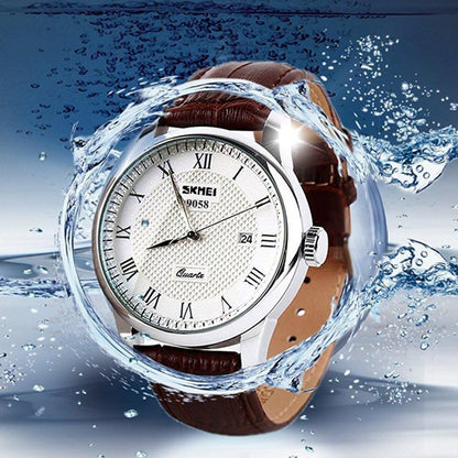HOTSKMEI Business Men’s Quartz Wristwatches Roman Numeral Leather Band Casual Water Resist Analog Watches