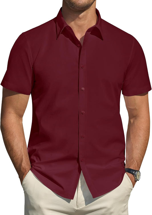 HOTJ.VER Men's Short Sleeve Dress Shirts Stretch Stain Shield Casual Button Down Shirts Solid Formal Shirt