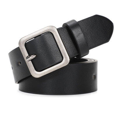 HOTXZQTIVE Women’s Leather Belts for Jeans Pants Dresses Fashion Ladies Black Belt with Square Buckle