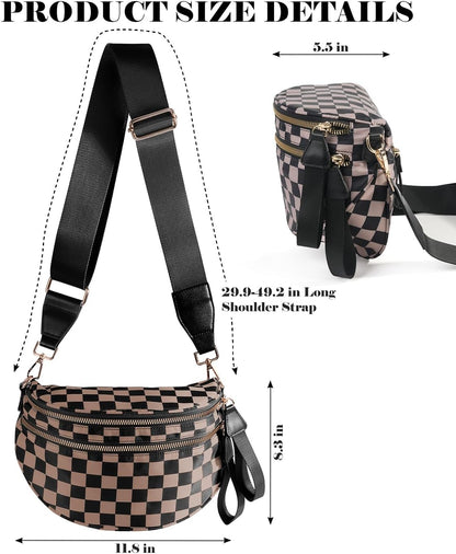 HOTBlack and White Checkered Crossbody Bag Bum Bag for Women,Spacious Checkered Purse Fanny Packs Belt Bag