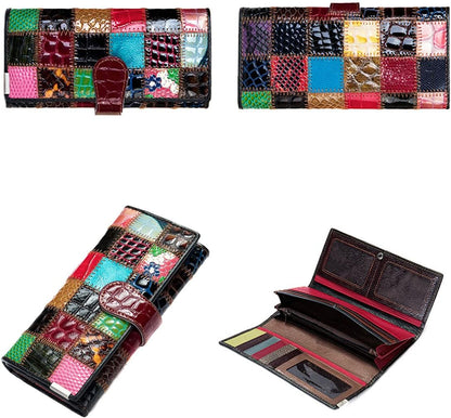 HOTHandmade Patchwork Trifold Large Wallet for Women Colorful Genuine Leather Stitched Credit Card Holder Phone Clutch Purse