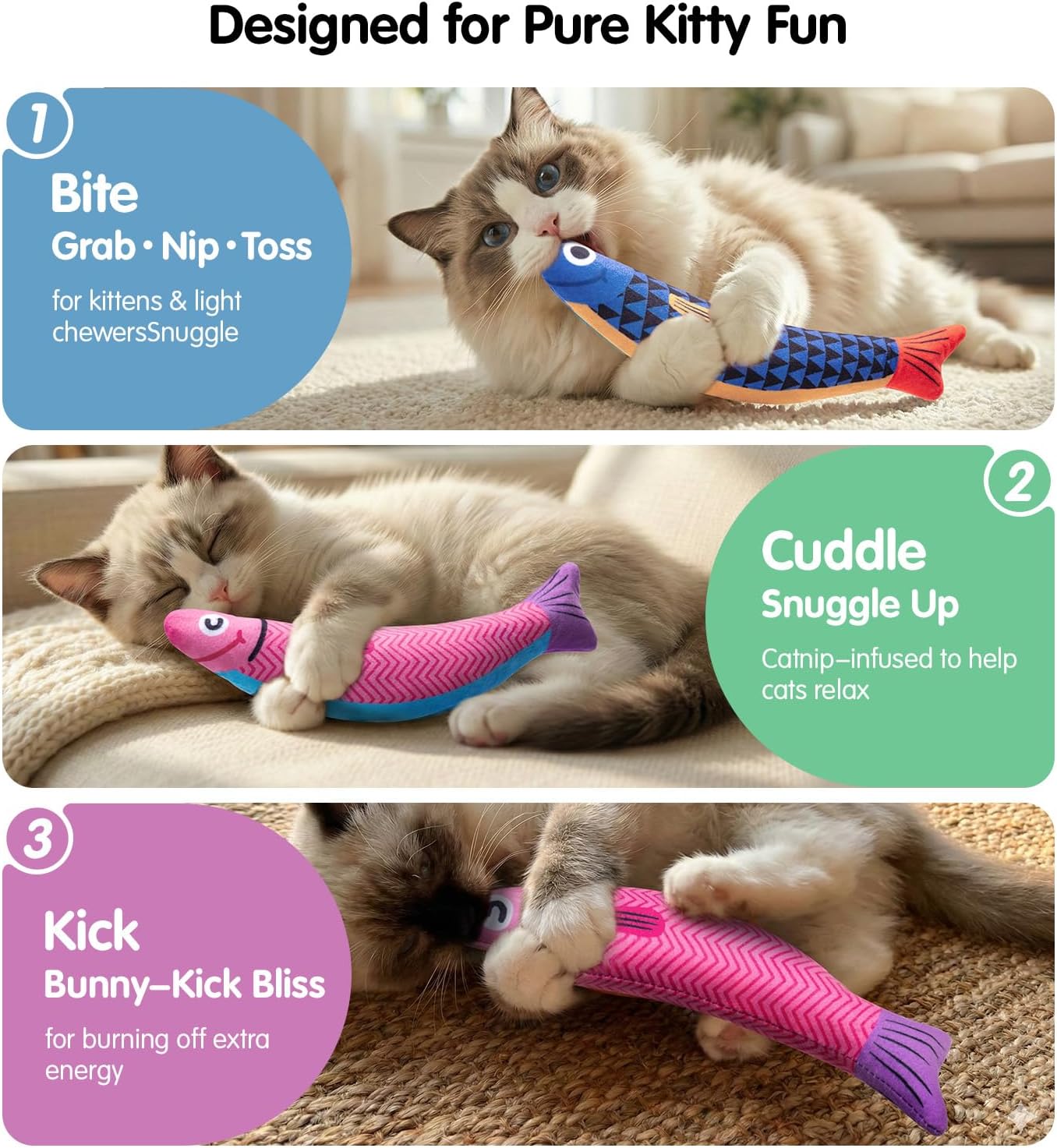 HOTPetBusy Cat Toys with[5000mg A+Natural Catnip &Silvervine] [Baby Grade] Interactive Soft Chew Kicker Cat Toys for Indoor Cats & Kittens, [Crinkle &Bell] Fish Sound Toy, Drives Bored Cat Crazy with Fun