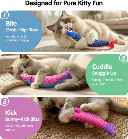 HOTPetBusy Cat Toys with[5000mg A+Natural Catnip &Silvervine] [Baby Grade] Interactive Soft Chew Kicker Cat Toys for Indoor Cats & Kittens, [Crinkle &Bell] Fish Sound Toy, Drives Bored Cat Crazy with Fun