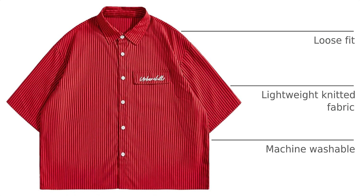 HOTGORGLITTER Men's Striped Button Down Up Cropped T Shirt Short Sleeve Letter Summer Vacation Shirts Boxy Tees Streetwear | Vintage Gingham Shirt, Drop Shoulder Crop Top, Y2K Streetwear, Summer Vacation Clothes