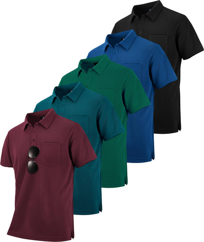 HOTZITY 5 Pack Polo Shirts for Men with Pocket Dry Quickly Short Sleeve Athletic Outdoor Work Collared Shirts