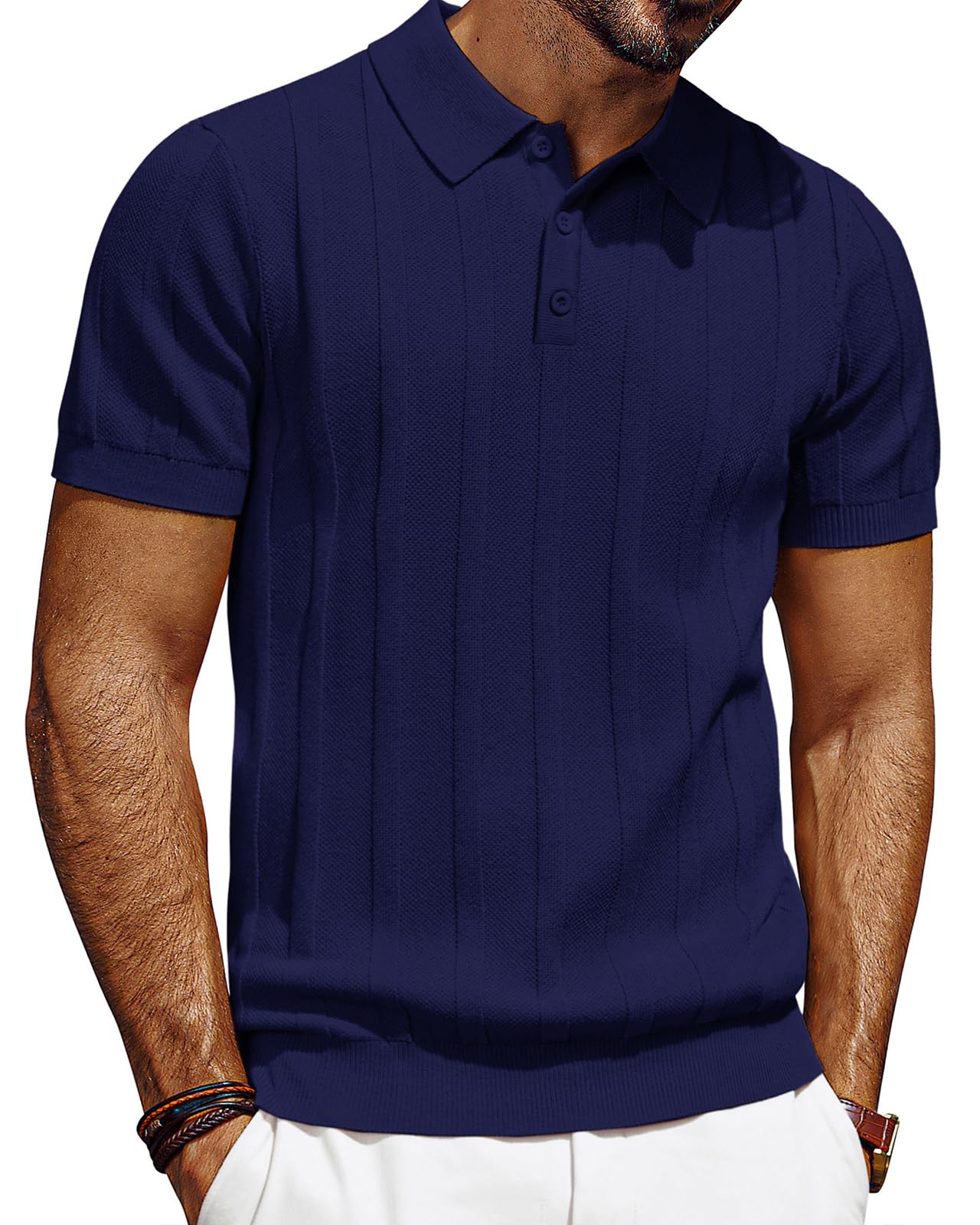 HOTPJ PAUL JONES Mens Polo Shirts Short Sleeve Textured Knit Polo Shirt Ribbed Casual Golf Shirts