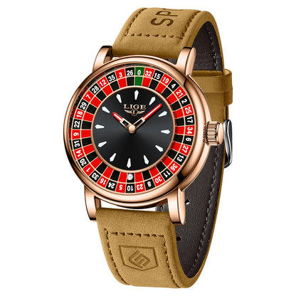 HOTMens Watches,Unique Roulette Style Quartz Analog Watch,45MM Big Face Alloy Waterproof Glowing Watch for Men,Exquisite and Durable Leather Strap,Casual Fashionable Men's Wrist Watches