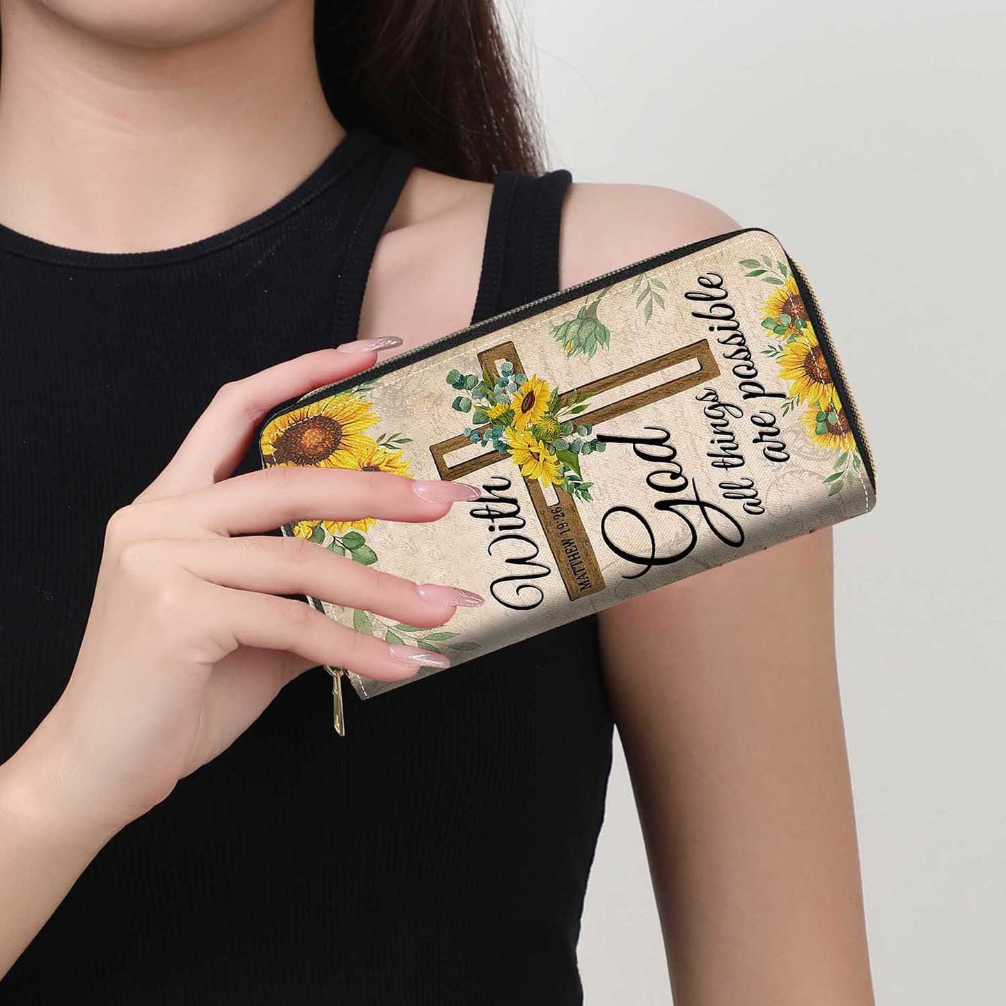 HOTChristian Cross Quote Bible Verse Matthew 19:26 Print Wallet for Women Large Capacity Wallet Credit Card Holder PU Leather Zipper Clutch Purse Phone Wallet