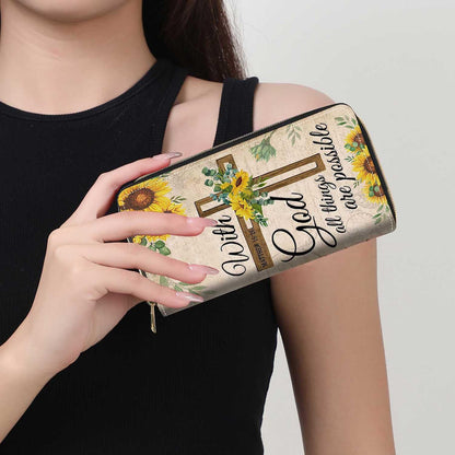 HOTChristian Cross Quote Bible Verse Matthew 19:26 Print Wallet for Women Large Capacity Wallet Credit Card Holder PU Leather Zipper Clutch Purse Phone Wallet
