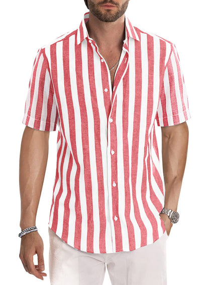 HOTJMIERR Men's Casual Stylish Short Sleeve Button-Up Striped Dress Shirt Cotton Beach Shirts