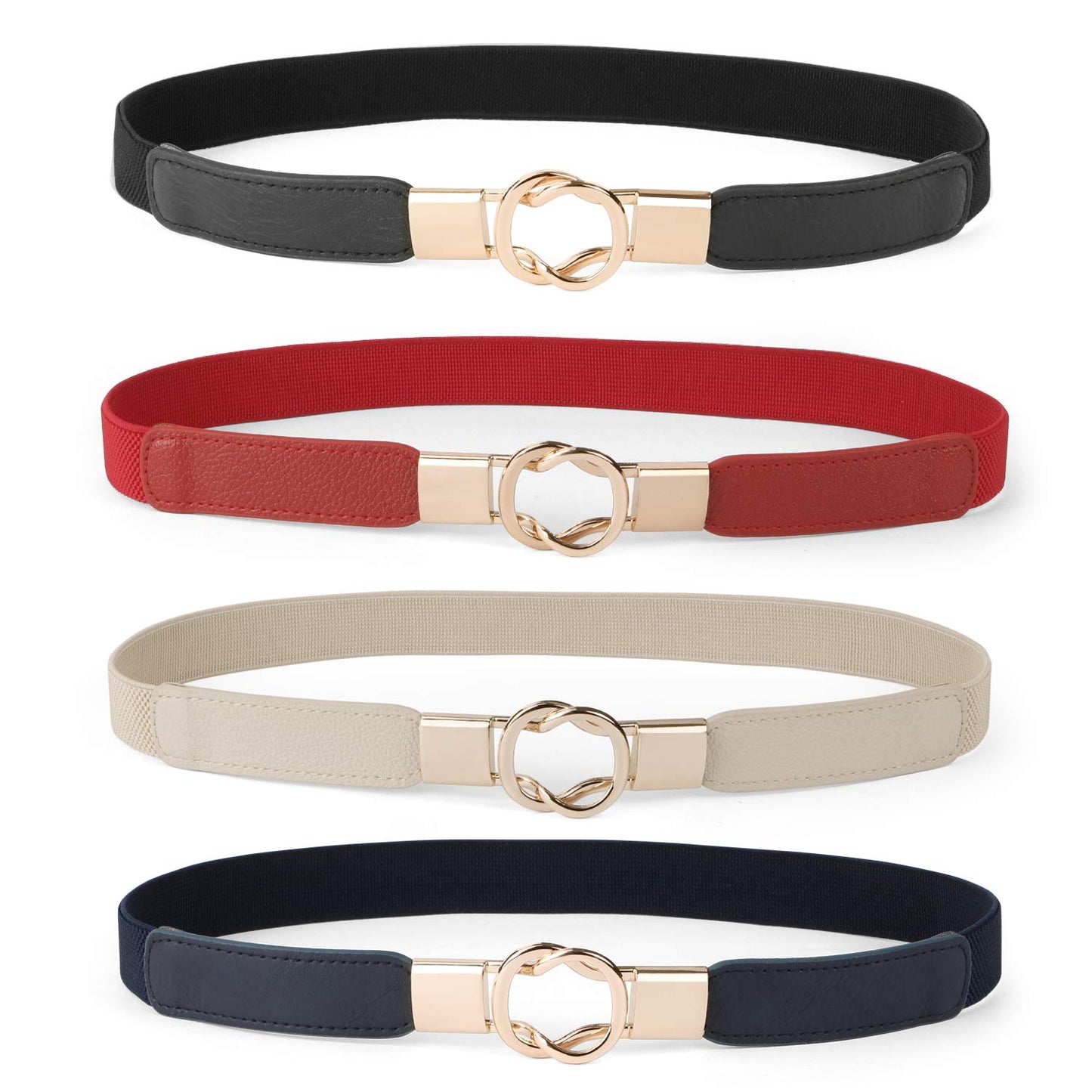 HOTWERFORU Women Skinny Belt for Dresses Retro Stretch Waist Belt with Gold Buckle Set of 4