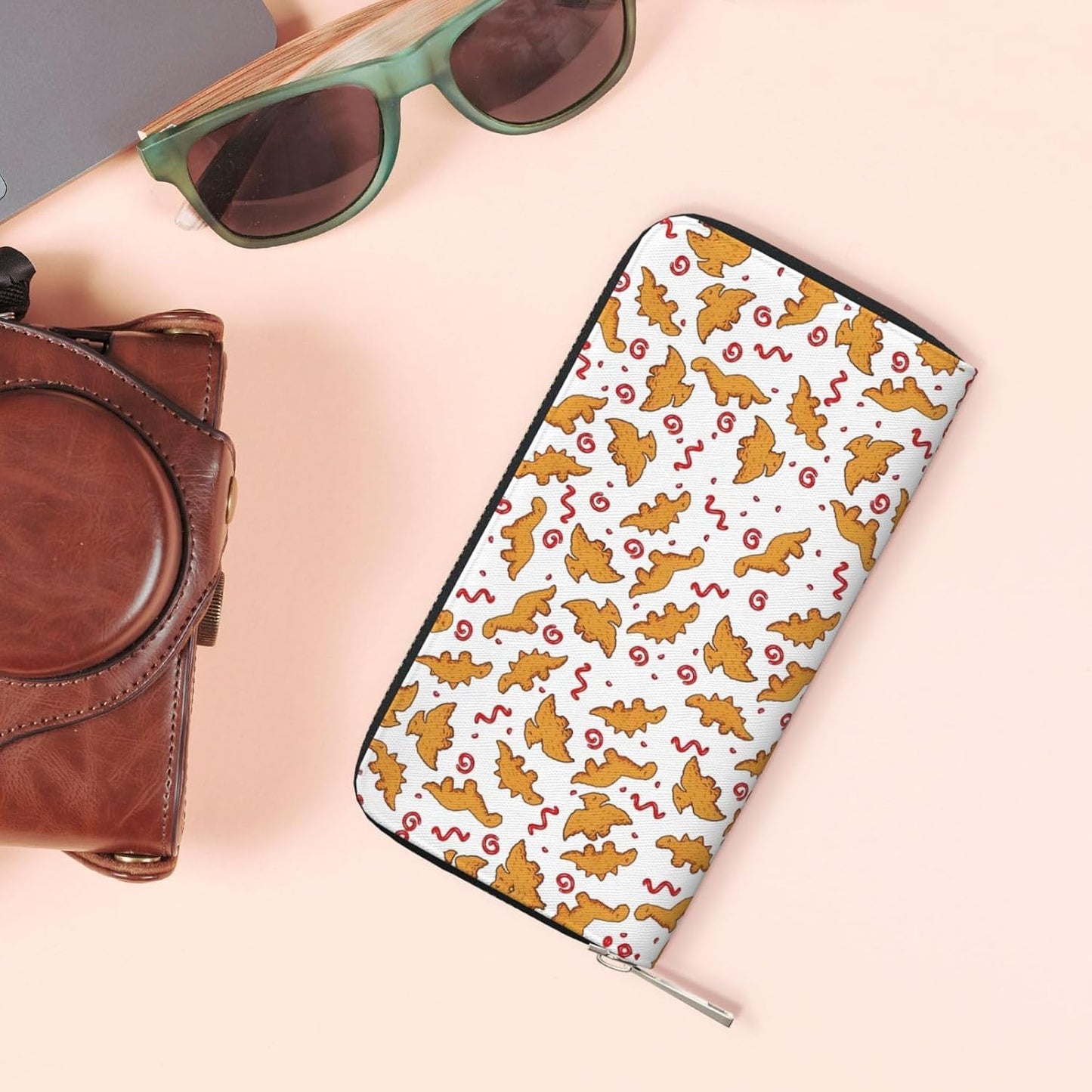 HOTCute Dinosaur Chicken Nuggets Long Wallet for Women Men Leather Clutch Purse Large Capacity Card Holder Money Organizers for Cash Coin Smart Phone