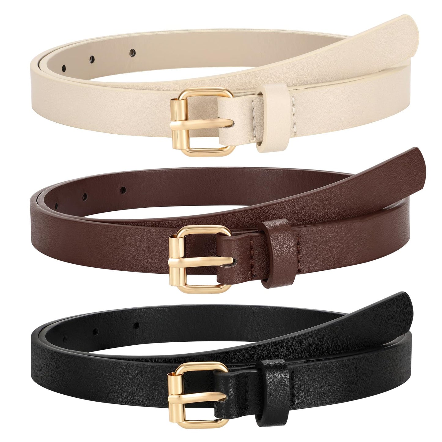 HOTTRIWORKS 3 Pack Women Skinny Leather Belt for Jeans Pants Dress Ladies Thin Waist Belt with Gold Buckle