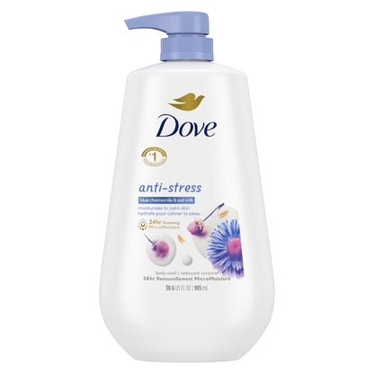 HOTDove 24hr Lotion Body Wash Anti-Stress, 30.6 oz | Moisturizing body wash with MicroMoisture and a calming blue chamomile & oat milk scent