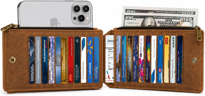 HOTESS RFID Blocking Leather Wallet for Women Slim Bifold Card Holder | - Double Zipper Money Organizer with 43 Card Slots, Passport Pocket, iPhone Storage, ID Window, Travel Wallet Brown
