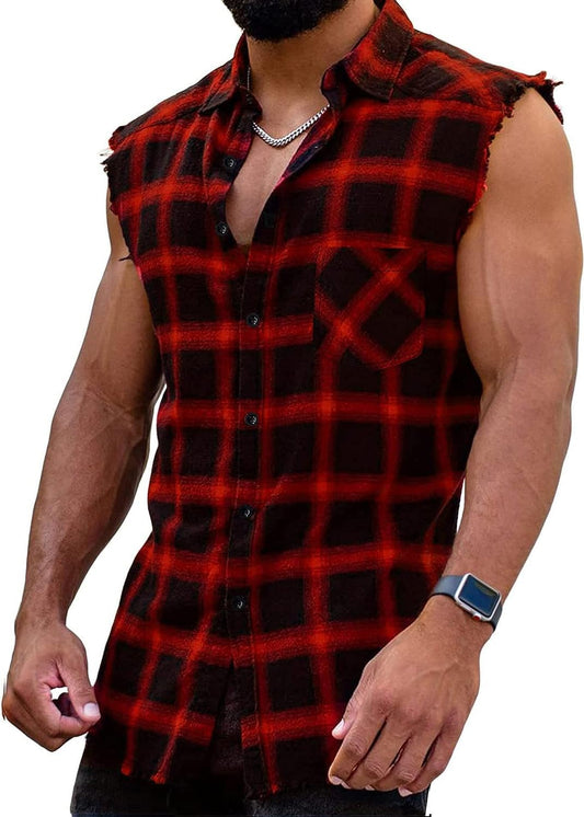 HOTMen's Sleeveless Flannel Shirt - Plaid Design for Summer Wear Casual Button-Down Shirts
