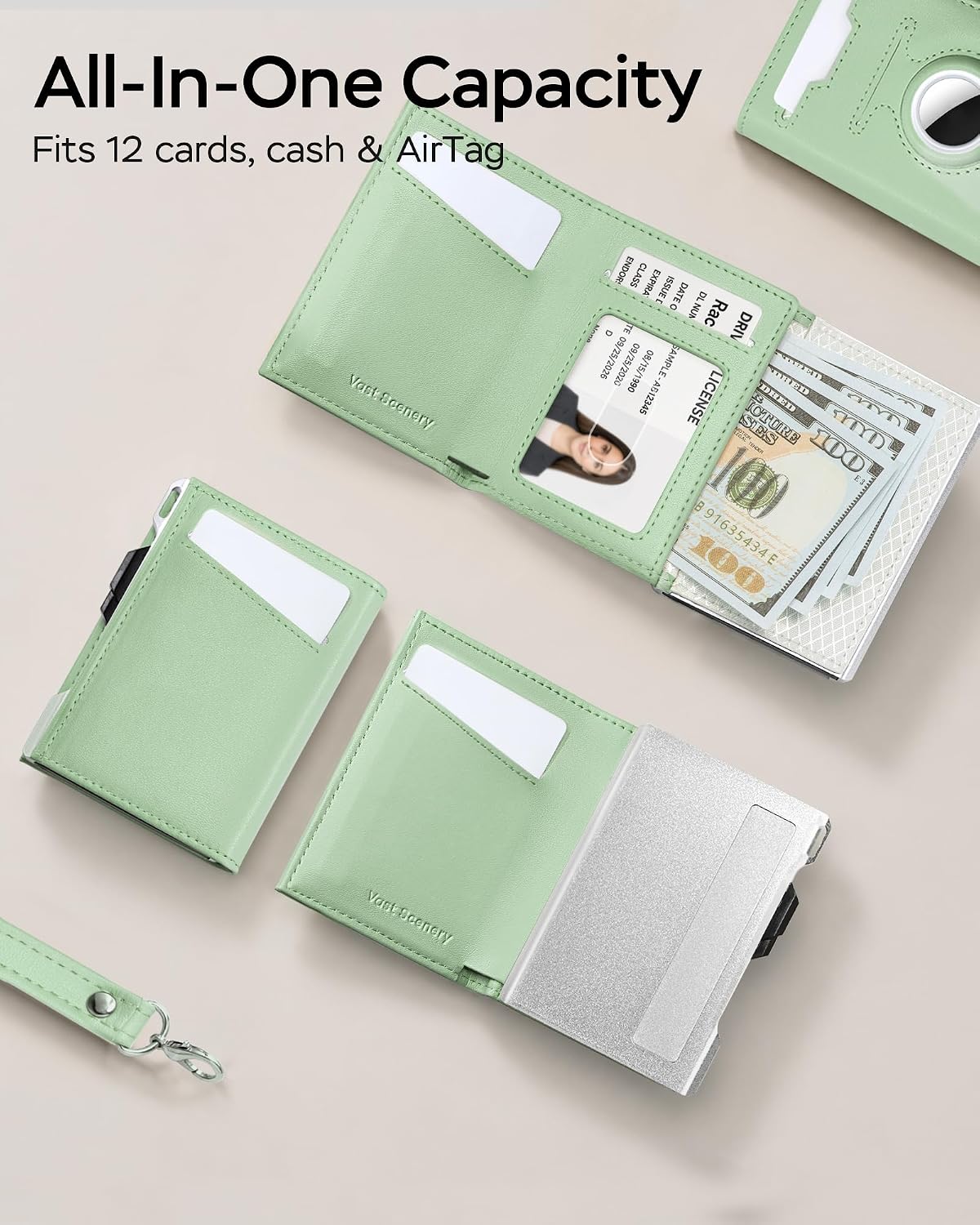 HOTRFID Wallet Women with AirTag Holder Pop Up Metal Card Holder for Air Tag | Stylish & Practical, Anti-Theft Leather Wallet Holds 10-12 Cards and Cash, Slim Small Trifold, ID Window Wristlet, Gift Boxed