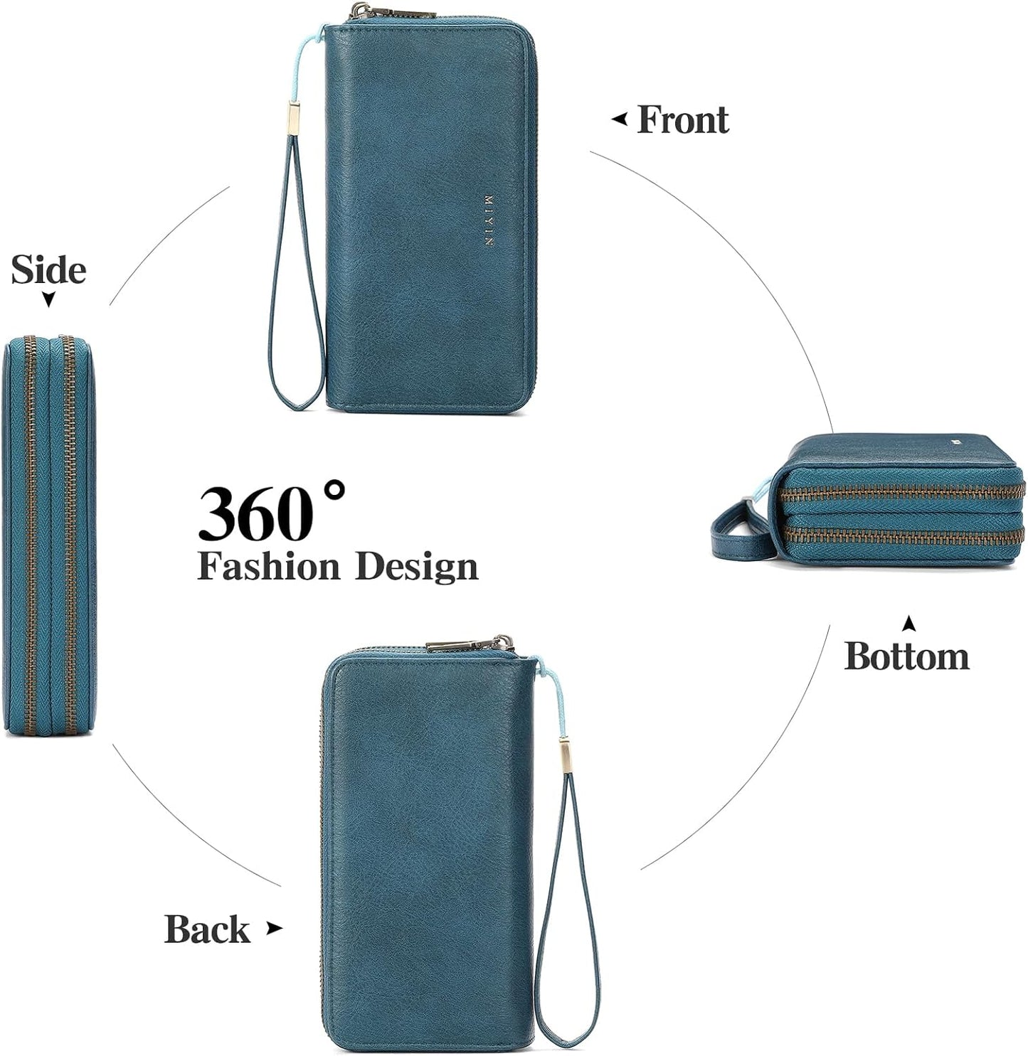 HOTGOIACII Wallets for Women RFID Blocking Double Zip Around Leather Wallet Wristlet Large Capacity Credit Card Holder Blue