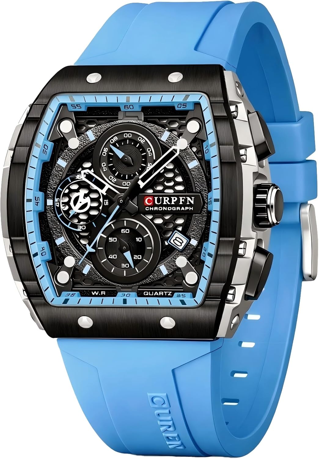 HOTPASOY Men's Chronograph Watch, Big Face, Tonneau Case, Rubber Strap | 47mm analog quartz watch, working chronograph with 1/10-second, second and minute subdials, date, stainless steel case