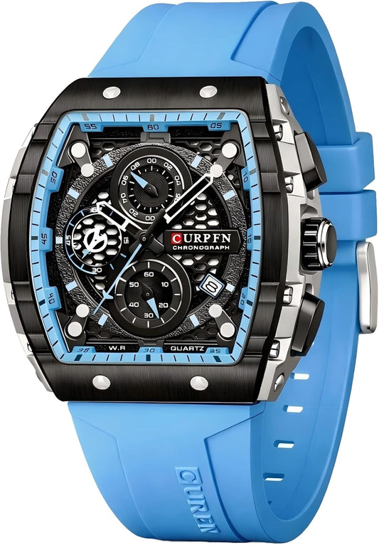HOTPASOY Men's Chronograph Watch, Big Face, Tonneau Case, Rubber Strap | 47mm analog quartz watch, working chronograph with 1/10-second, second and minute subdials, date, stainless steel case