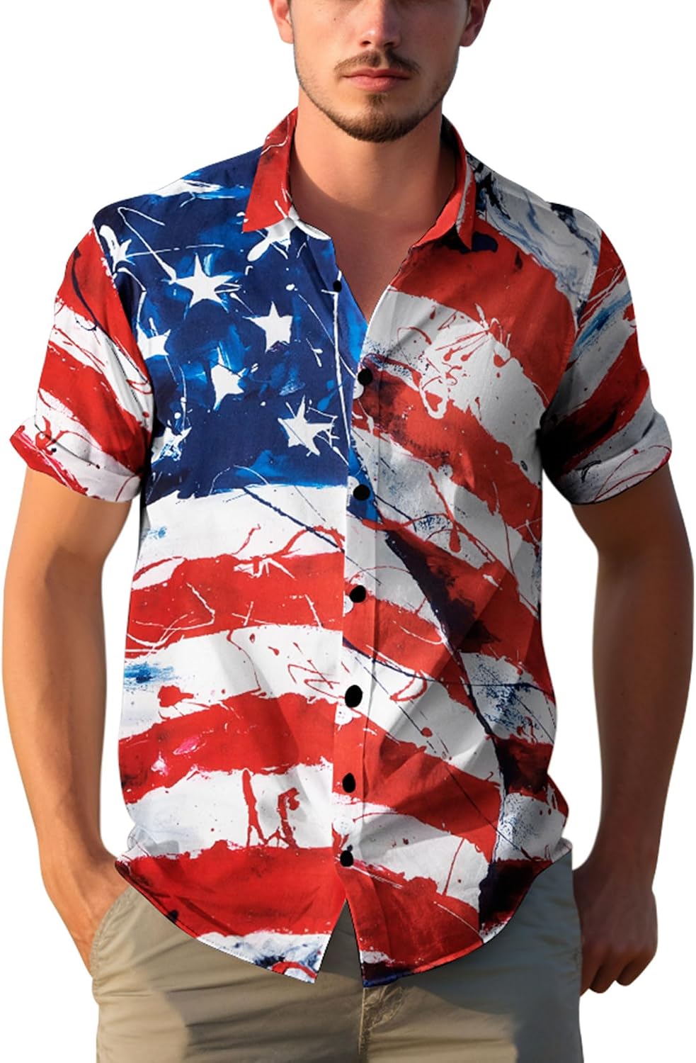 HOTYoimira 4th of July Shirts for Men,Patriotic Grunge Concept USA Flag Button-Down Casual Short Sleeve Hawaiian Shirts for Men