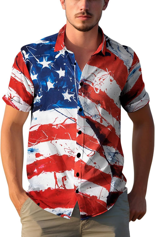 HOTYoimira 4th of July Shirts for Men,Patriotic Grunge Concept USA Flag Button-Down Casual Short Sleeve Hawaiian Shirts for Men