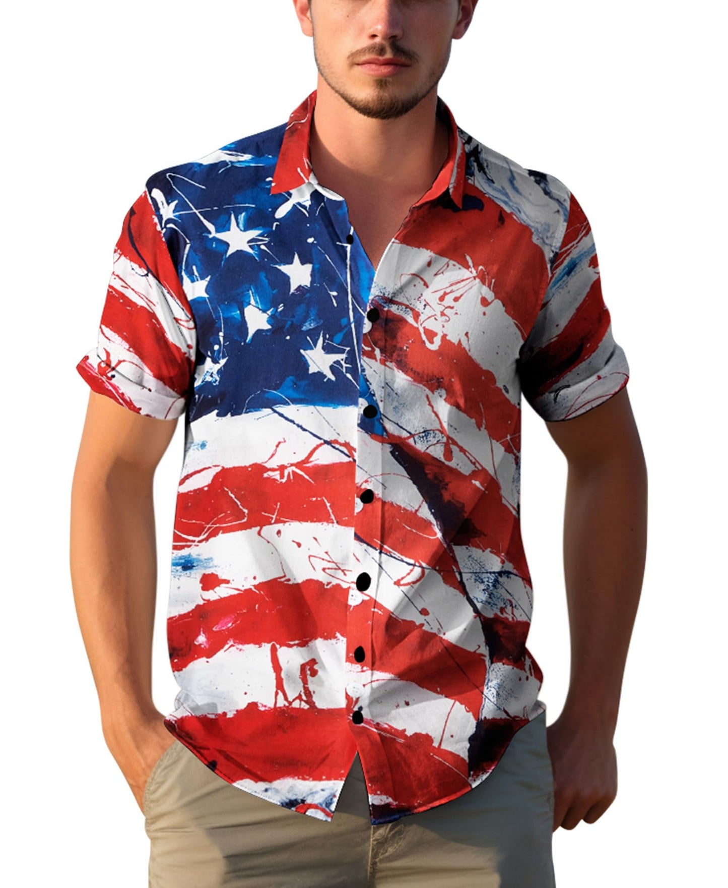HOTYoimira 4th of July Shirts for Men,Patriotic Grunge Concept USA Flag Button-Down Casual Short Sleeve Hawaiian Shirts for Men