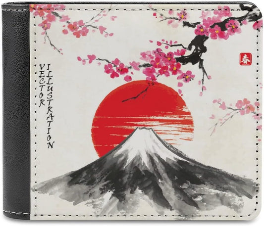 HOTOyihfvs Pink Cherry Blossom Red Sun Japanese Mountain Fuji PU Leather Bifold Wallet Coin Purse Soft Stylish Credit Pass Case Card-Holder for Boy Girl Men Woman Money Storage