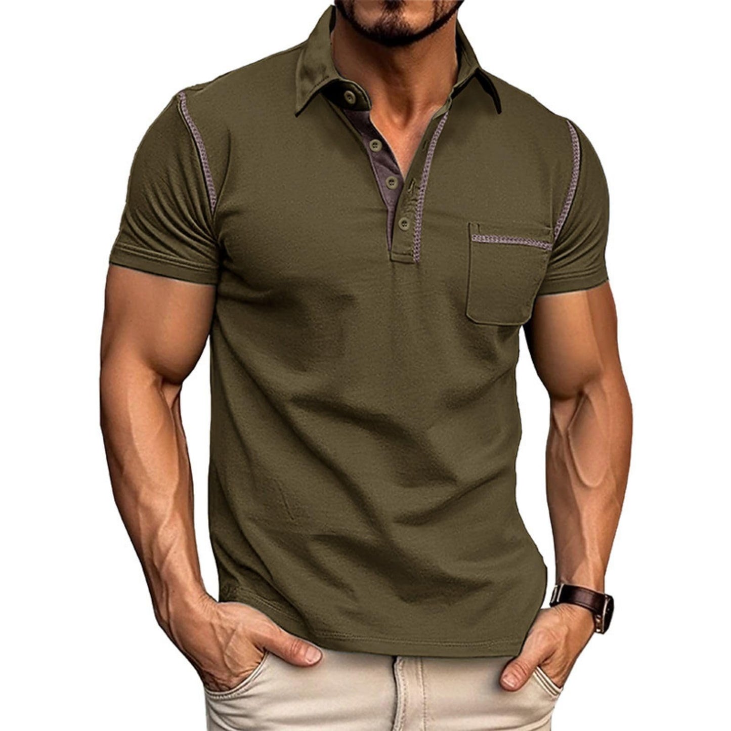 HOTMen's Fashion Polo Shirts Classic Short Sleeve Lightweight Button Cotton T-Shirt Casual Golf Tee Tops with Pocket
