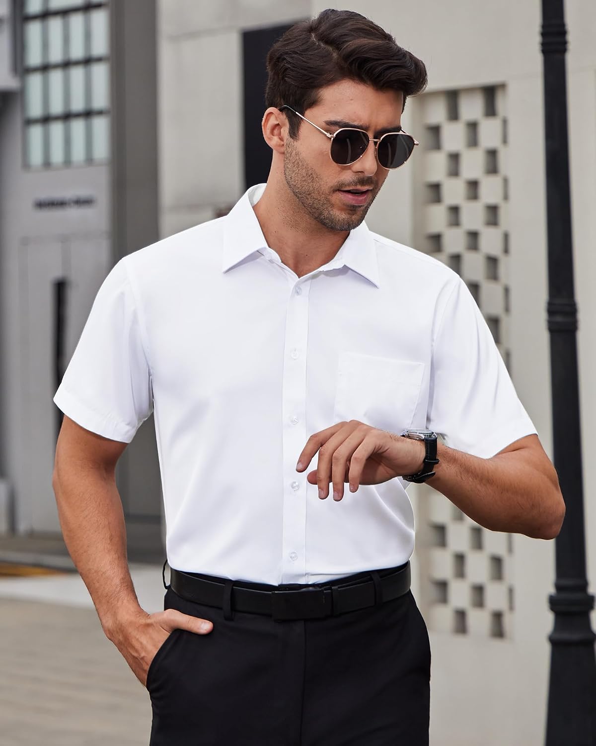 HOTAlimens & Gentle Mens Short Sleeve Dress Shirts Wrinkle Free Solid Casual Button Down Shirts with Pocket