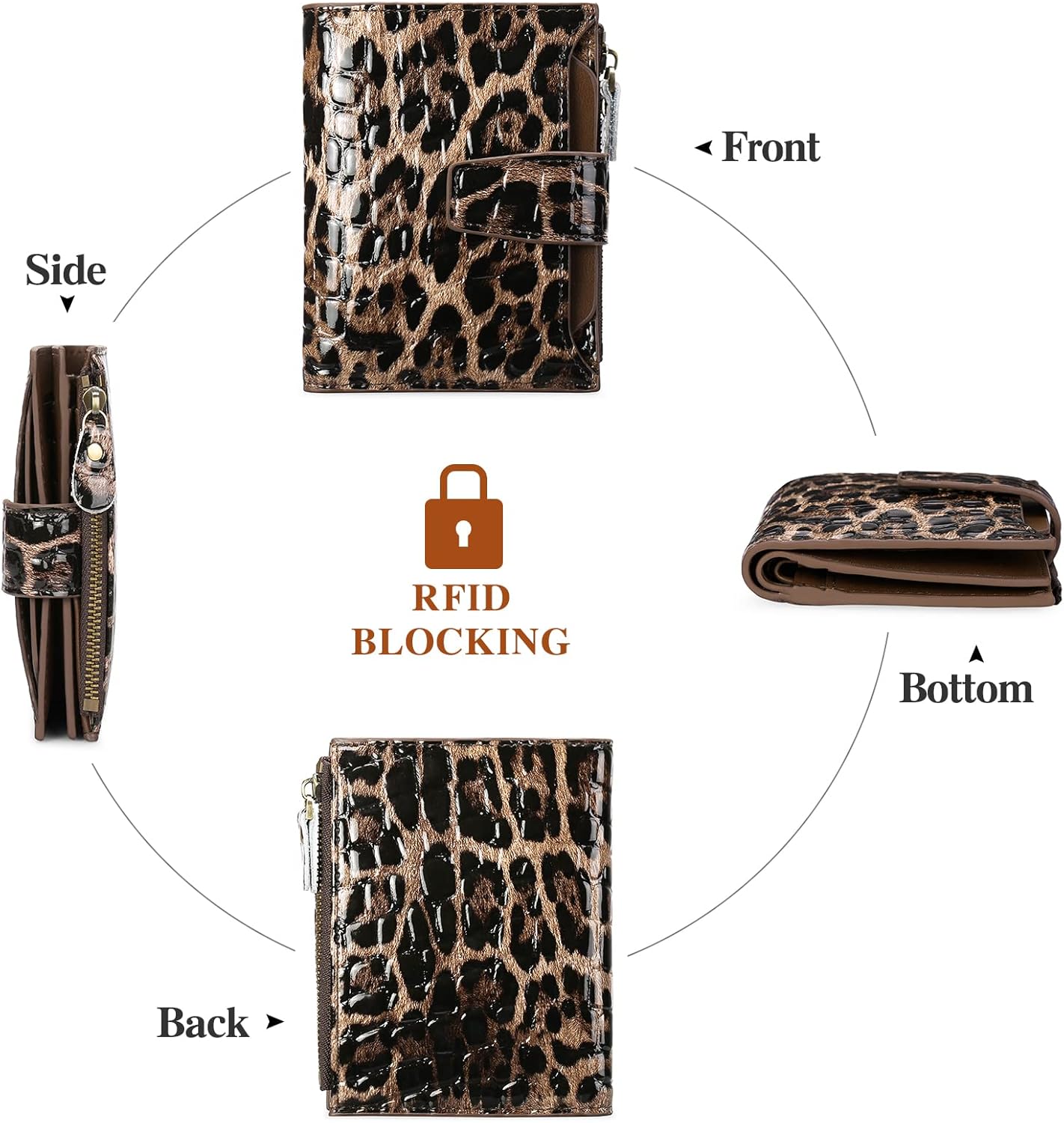 HOTGOIACII Leather Women's Wallet RFID Blocking Credit Card Holder Leopard | Compact, Small, Trifold Billfold with Zipper Coin Pocket, 4 ID Windows