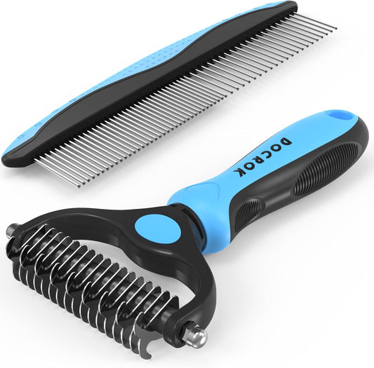 HOTDocrok Pet Grooming Combo - Blue Deshedding Brush with Metal Comb for Detangling and Dematting Long, Matted Fur on Cats and Dogs